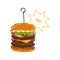 Set of delicious fast food illustrations: beef hamburger. Fried chicken, pickles, lettuce, tomato, bacon, cheese. Layered bread. They are isolated on a white background for poster design, food menus.