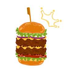 Set of delicious fast food illustrations: beef hamburger. Fried chicken, pickles, lettuce, tomato, bacon, cheese. Layered bread. They are isolated on a white background for poster design, food menus.
