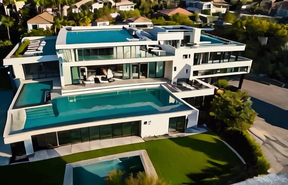 A contemporary mega mansion with an open floor plan, floor-to-ceiling windows, and a rooftop pool, set in a quiet suburban neighborhood. 