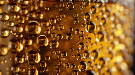 A macro shot of bubbles rising in a freshly poured beer glass 