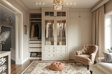 A spacious, modern walk-in closet with white cabinets, a plush armchair, and a large rug