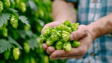 A macro shot of hops in a brewer's hand with a blurred brewery background 