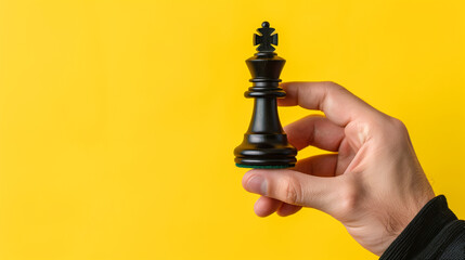 
Hand holding black chess piece isolated on yellow background.Copy space.