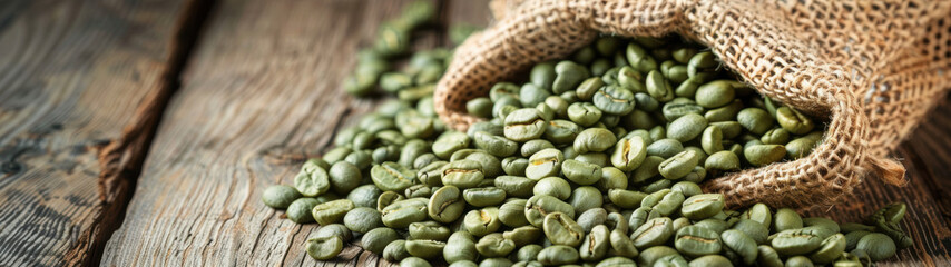 Obraz premium Green coffee beans on rustic wooden surface. Coffee production, organic farming, and gourmet food.