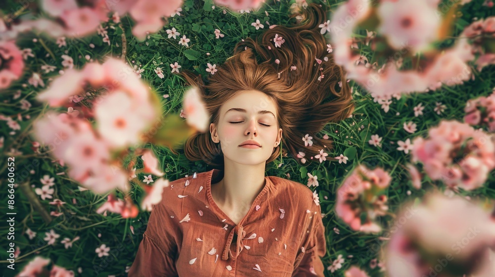 Wall mural Top view of happy amazing woman lying on grass among pink blossom flowers. Springtime concept.