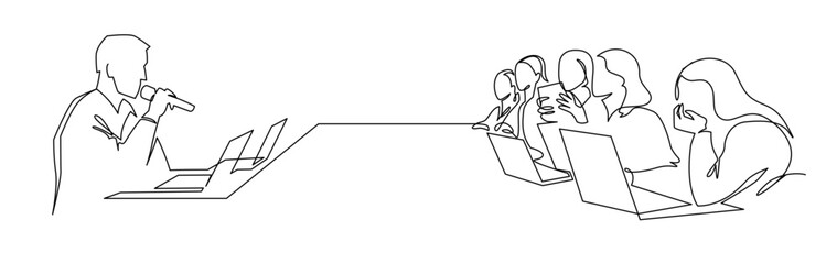 A male professor speaks with a microphone from a podium in front of an audience in a conference room. Vector illustration of a public lecture, seminar