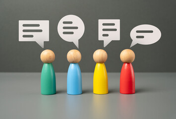 People communicate. Figures of people and speech bubbles. Unity and teamwork. Contact,...