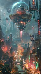 Futuristic scene of tourists eating Thai cuisine in a high-tech hot air balloon, hovering over a vibrant, neon-infused urban landscape