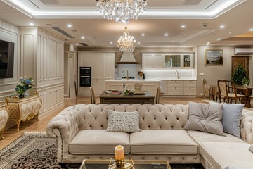 A modern, stylish basement living room with a sectional sofa and two crystal chandeliers