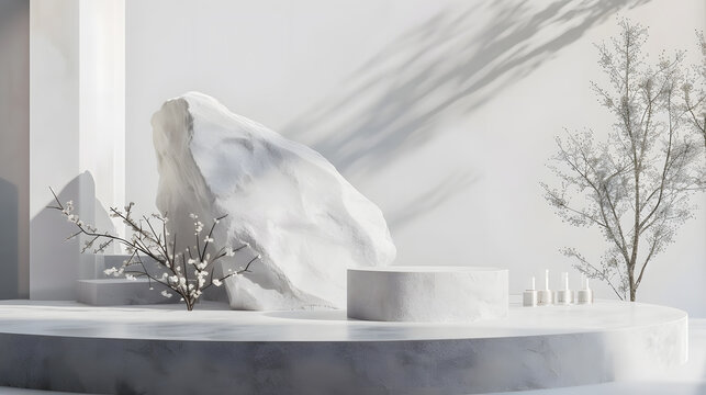 white stone podium, platform for product demonstration with dry flower and stone decorations, minimalism