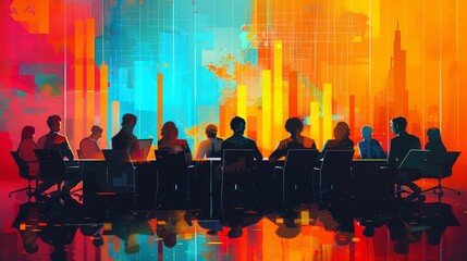 Vibrant Business Meeting in Abstract Art Style with Intense Colors
