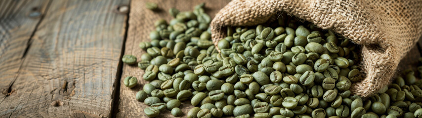 Obraz premium Green coffee beans on rustic wooden surface. Coffee production, organic farming, and gourmet food.