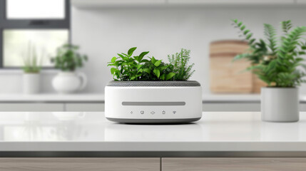 A voice-activated assistant device on a kitchen counter, showing senior-friendly commands on a display screen 