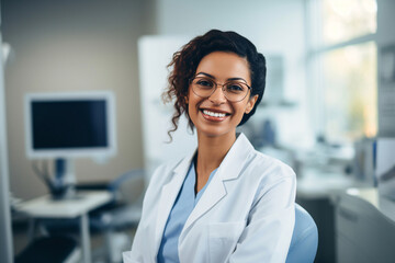 Confident female doctor in white coat with stethoscope, smiling.