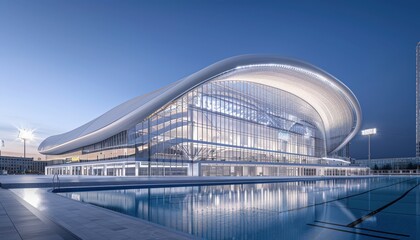 Obraz premium A large building with a pool in front of it