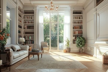 Fototapeta premium Large elegant library with big windows, bookshelves and white couch
