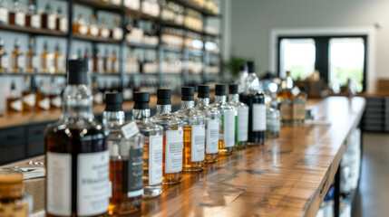 A wide-angle shot of a tasting room with various vodka bottles and glassware on display 