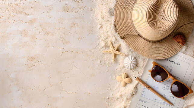 Beach vacation essentials with straw hat and sunglasses - Powered by Adobe