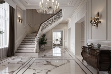 Fototapeta premium A spacious interior featuring a white marble staircase with ornate railings
