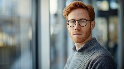 Fototapeta premium Portrait of a handsome red-haired man in glasses with a smart casual outfit looking at the camera while standing against a glass window, with clear facial features and sharp focus, a highly detailed p