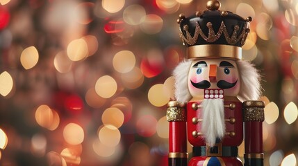 Traditional Wooden Nutcracker decoration on bokeh background