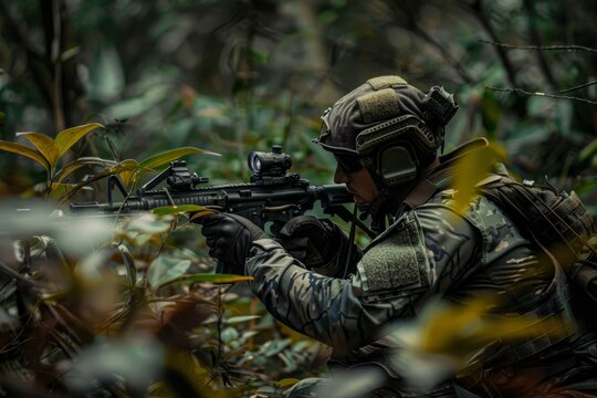 Focused elite soldier in full gear aims his rifle during a covert operation in a dense woodland
