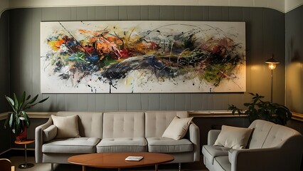 Abstract painting on grey wall of retro living room interior with beige sofa with pillows, vintage dark green armchair and yellow
