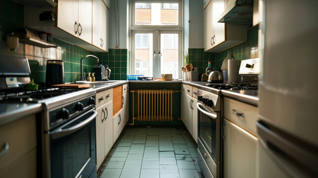 An American kitchen with outdated appliances and a dirty, stained countertop, empty space for text 