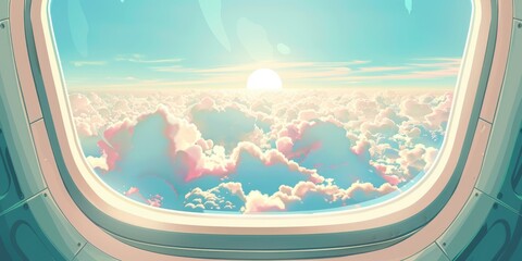 Travel the world concept, Airplane window perspective. Airplane travel time is above clouds bright blue sky.
