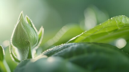 Close-up of a sunflower bud opening, morning sunlight filtering through leaves in the background, petals unfurling, refreshing and awakening, natural elegance.