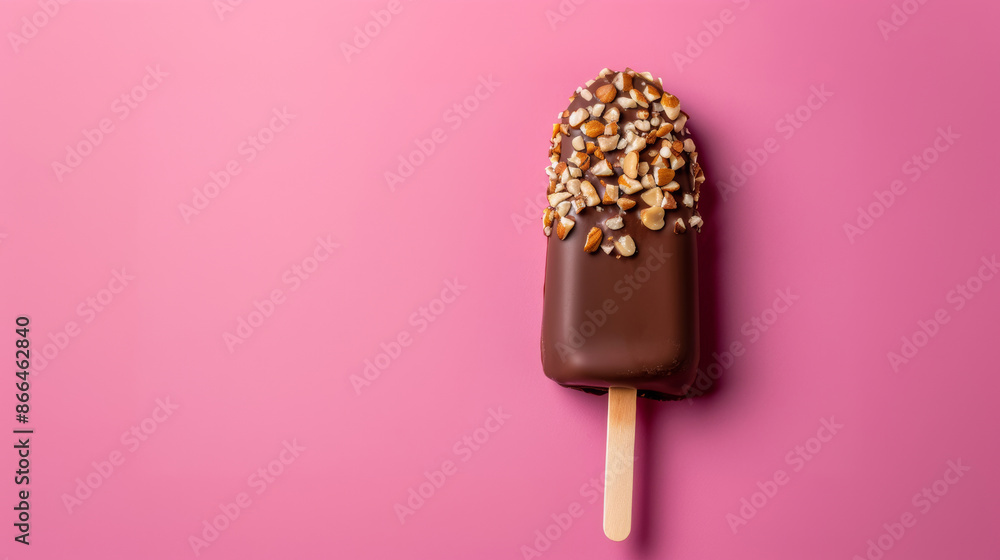 Poster chocolate-covered popsicle with nuts isolated on a gradient background of pink to orange