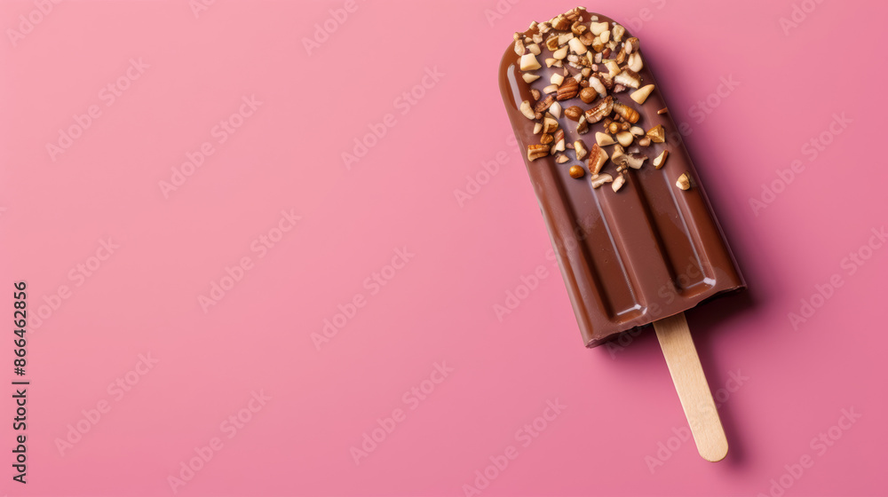 Poster chocolate-covered popsicle with nuts isolated on a gradient background of pink to orange