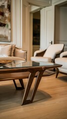 Wooden coffee table in elegant living room interior