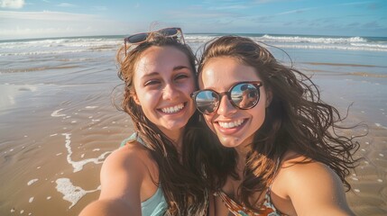 Two women smiling and enjoying a sunny day at the beach under clear sky, capturing beautiful moments together