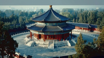 Obraz premium Aerial view of a historic Chinese temple with traditional architecture surrounded by lush greenery and trees under a clear blue sky.