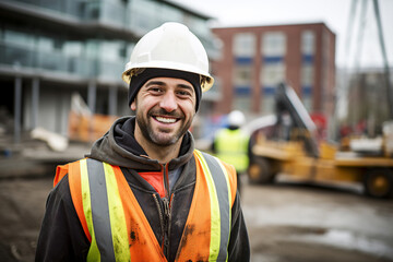 Fototapeta premium Safety-equipped worker at a sunny construction site, with wood framing and a residential backdrop.