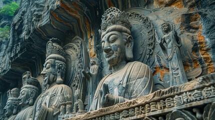 Obraz premium Ancient Buddhist stone statues carved into rocky cliffs, showcasing intricate details and historical artistry.