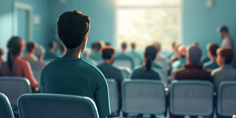 Healthcare Access: A person sitting in a crowded waiting room, representing the challenge of accessing healthcare services