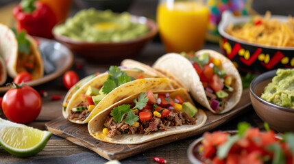 Closeup of traditional Mexican food like tacos, tamales, and guacamole on a decorated table 