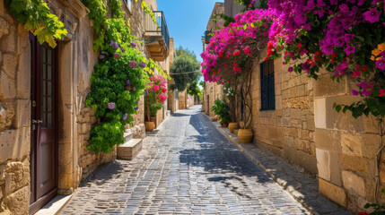 Naklejka premium ''cobblestone alley in Rhodes Old Town, ivy-covered buildings, colorful flowers, charming and quaint, historical atmosphere'' 