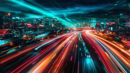 Obraz premium Speed and Motion in a Futuristic City Highway at Night