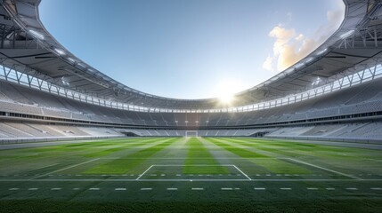 A large stadium with a bright sun shining on the field