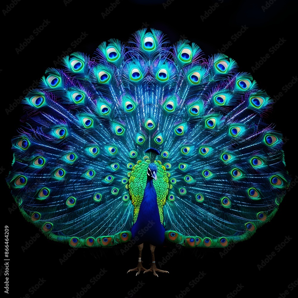 Canvas Prints Mesmerizing Neon Peacock with Glowing Feathers Fanned Out Dramatically on Black Background