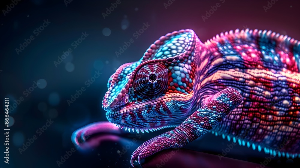 Poster mesmerizing neon chameleon with shifting prismatic glow on dark background
