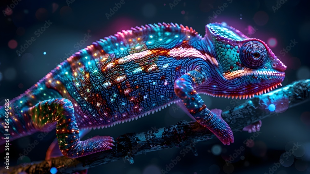 Poster mesmerizing neon chameleon with dynamic shifting light effects on isolated black background