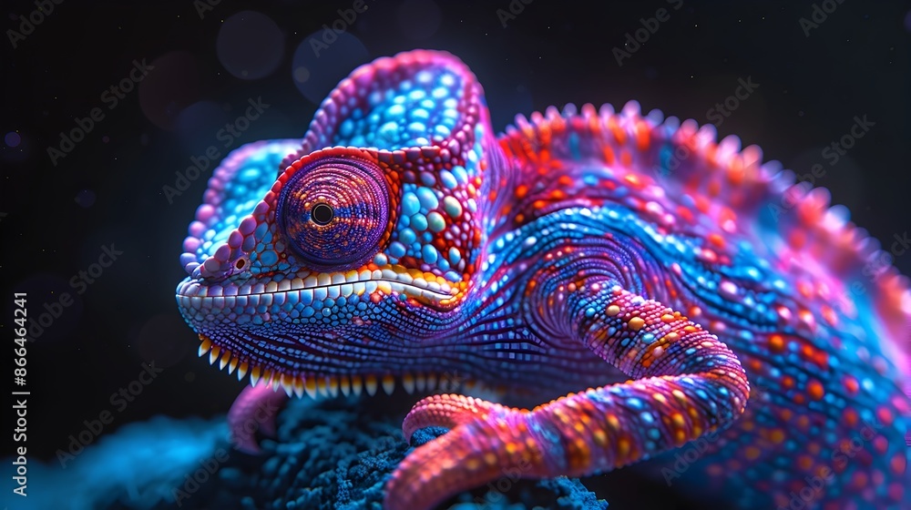 Aufkleber mesmerizing neon chameleon with dynamic shifting lights on isolated black background