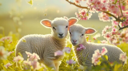 Fototapeta premium Two cute little lambs on a spring meadow with blooming flowers.