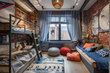 A stylish kids bedroom with a bunk bed, a large window, and colorful pillows