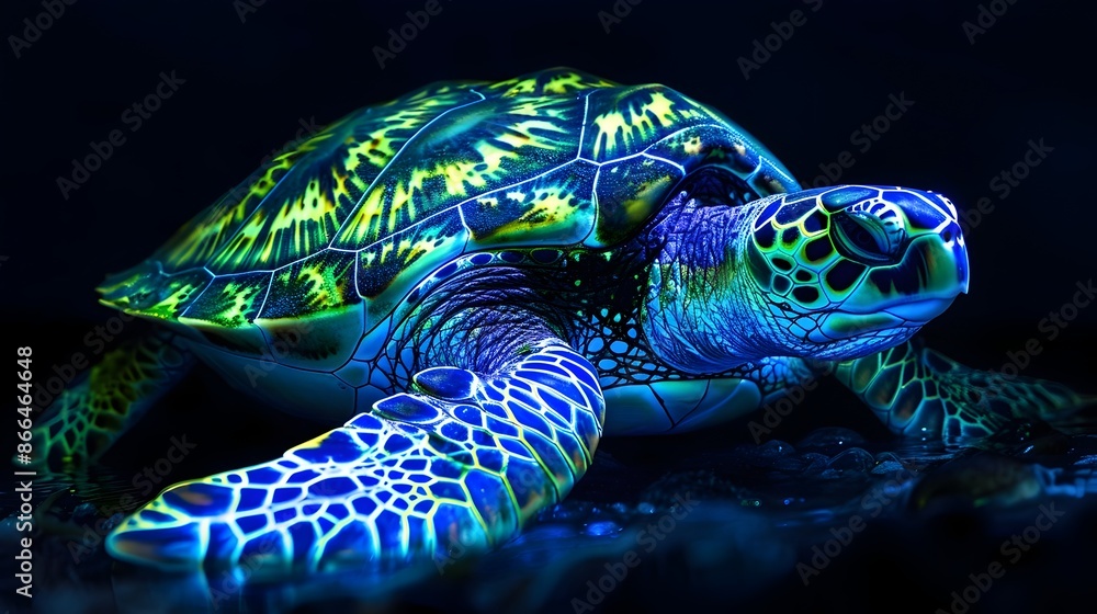 Poster neon turtle with intricate glowing shell on isolated black background