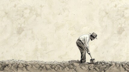 Illustration of Hidden Treasure Parable: Man Joyfully Selling All to Buy Field, Beige Background, Biblical Depiction